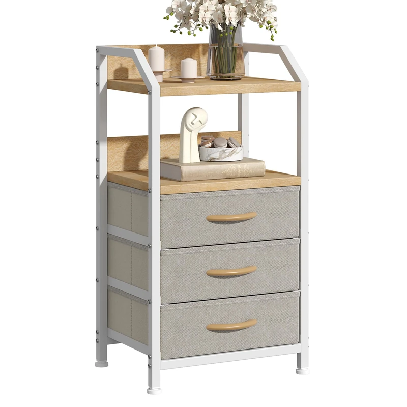 Feonase Bedside Table 40cm Wide with 3 Fabric Drawers & Open Shelf Suitable For Bedroom Bed Side Tables, Sofa Side Tables, and Small Living Room Spaces Khaki 2Pcs