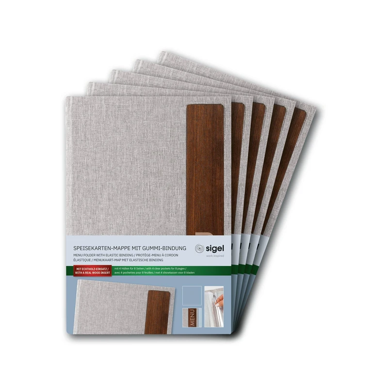 SIGEL SM223/5 Menu Folder - 5 Pieces - incl. 2 Double Clear Pockets for 8 Pages - Rubber Binding - A5 - Light Grey/Brown - Image 1