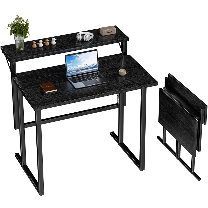 JUMMICO Foldable Desk,Small Desk with Monitor Shelf,2-Tier Folding Table for Home, Office, School, Computer Desk for Small Space,Black