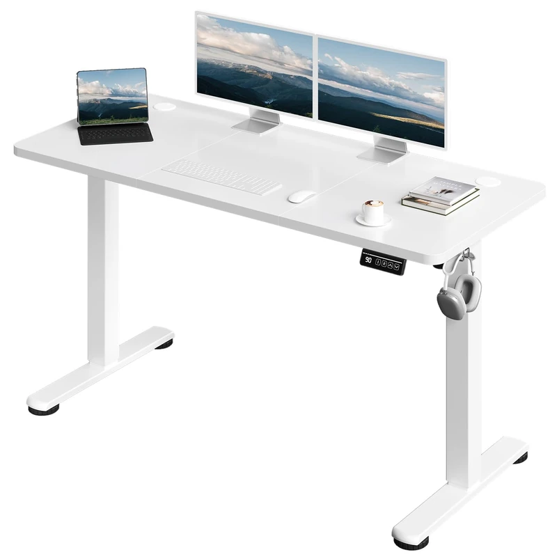 JUMMICO Standing Desk 140 x 60 cm Eletric Height Adjustable Desk with 2 Height Memory Position, Sit Stand desk with Smart Controller, White