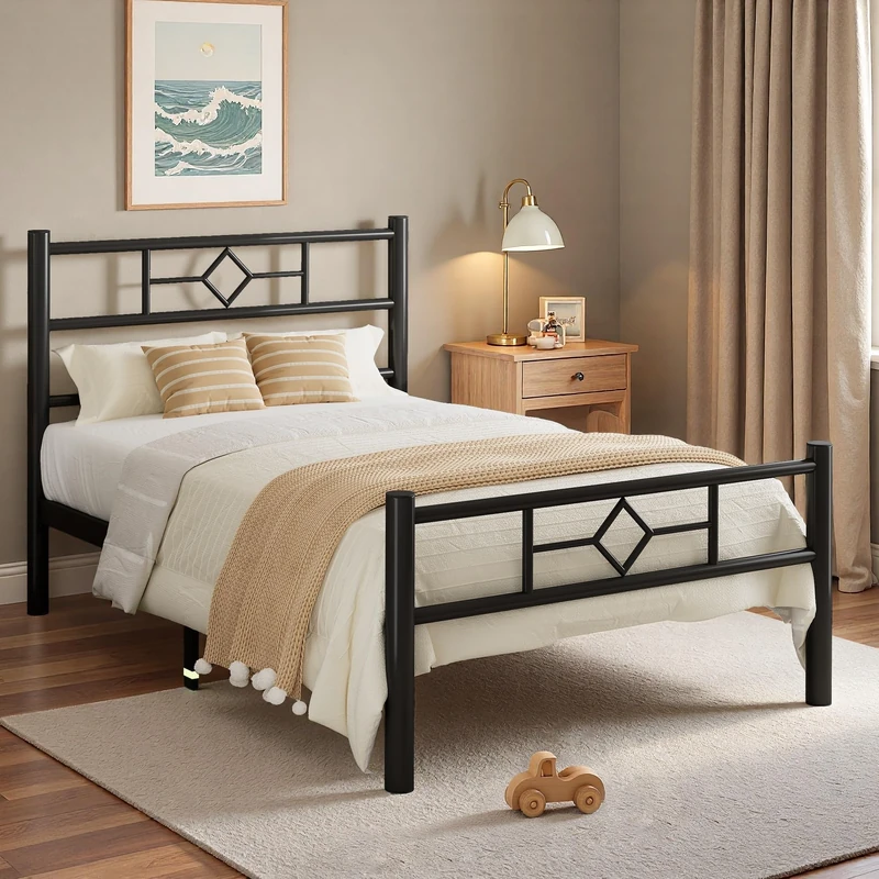 Feonase Single Bed Frame 3ft with Headboard & Footboard, Single Metal Bed Frame with Heavy Duty Metal Slat Support, Ample Under-bed Storage, Easy Assembly, Black