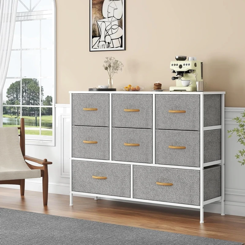 Feonase Chest of Drawers, 8 Fabric Drawers Storage Unit,bedroom drawers,Metal Frame & Wooden Top,for Bedroom,Closet,Hallway,Living Room(Light Gray, 30D x 100W x 76 H cm (8 draws))