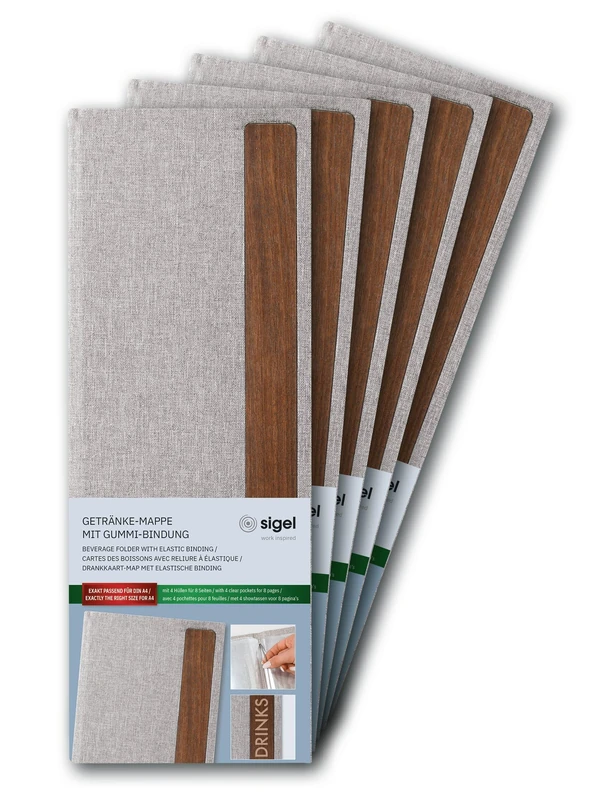 SIGEL GM221/5 Beverage Folder - 5 Pieces - incl. 2 Double Clear Pockets for 8 Pages - Rubber Binding - 1/2 A4 - Light Grey/Brown - Image 1