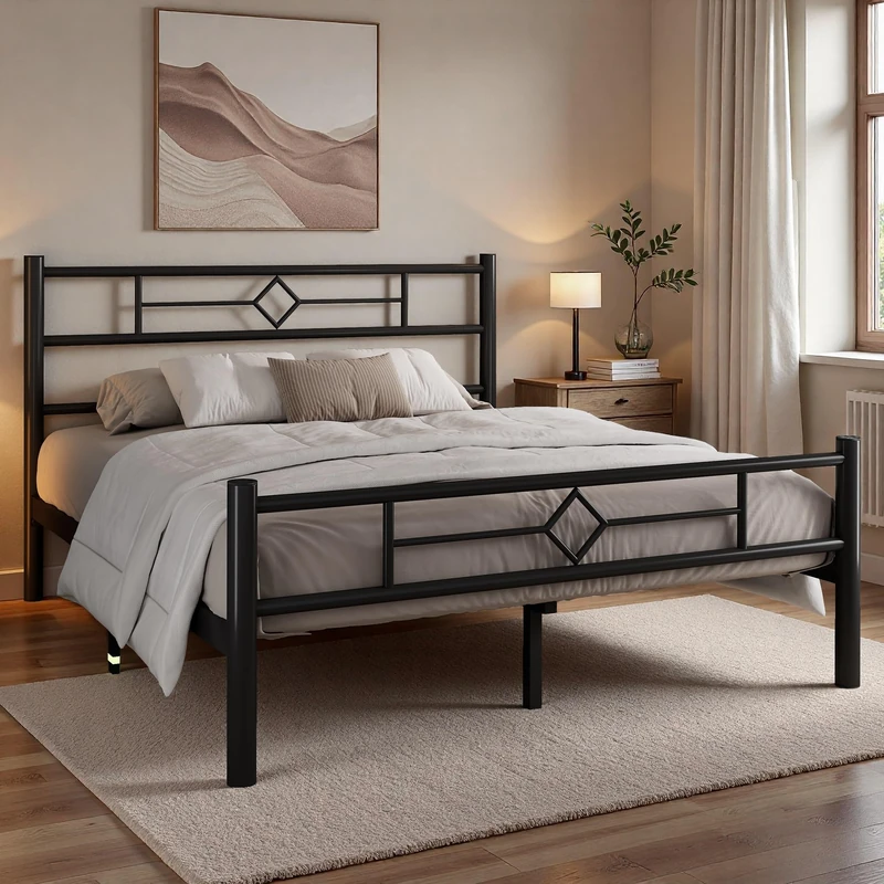Feonase king size Bed Frame 5ft with Headboard & Footboard, kingsize Metal Bed Frame with Heavy Duty Metal Slat Support, Ample Under-bed Storage, Easy Assembly,Black