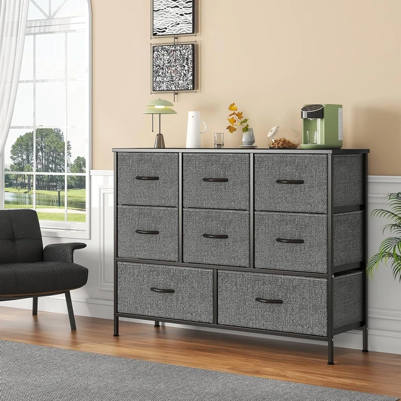 Feonase Chest of Drawers, 8 Fabric Drawers Storage Unit,bedroom drawers,Metal Frame & Wooden Top,for Bedroom,Closet,Hallway,Living Room(Dark gray, 30D x 100W x 76 H cm (8 draws))