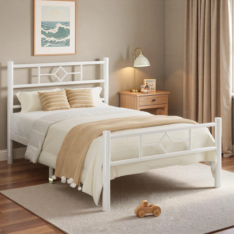 Feonase Single Bed Frame 3ft with Headboard & Footboard, Single Metal Bed Frame with Heavy Duty Metal Slat Support, Ample Under-bed Storage, Easy Assembly,White