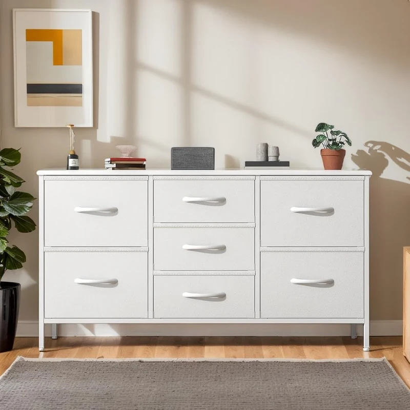 Feonase Chest of Drawers,7 Fabric Drawers with Handles,bedroom drawers,Metal Frame and Wooden Top,for Bedroom,Closet, Hallway,Living Room (White, 30D x 100W x 54 H cm (7 draws))