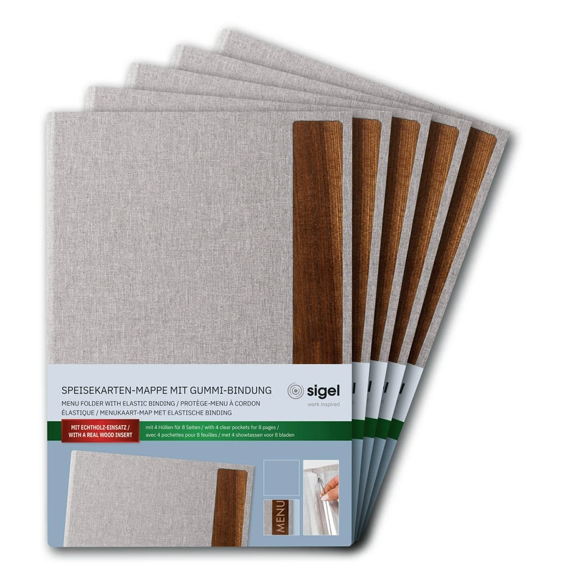 SIGEL SM222/5 Menu Folder - 5 Pieces - incl. 2 Double Clear Pockets for 8 Pages - Rubber Binding - A4 - Light Grey/Brown - Image 1