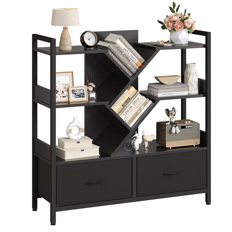 IRONCK 4-Tier Bookcase with 2 Drawers, Floor Standing Bookcase with Locking Caster, 8 Open Wooden Bookshelf Metal Frame Display Storage Cabinet for Bedroom, Living Room, Study, Office, 100x100x32 cm