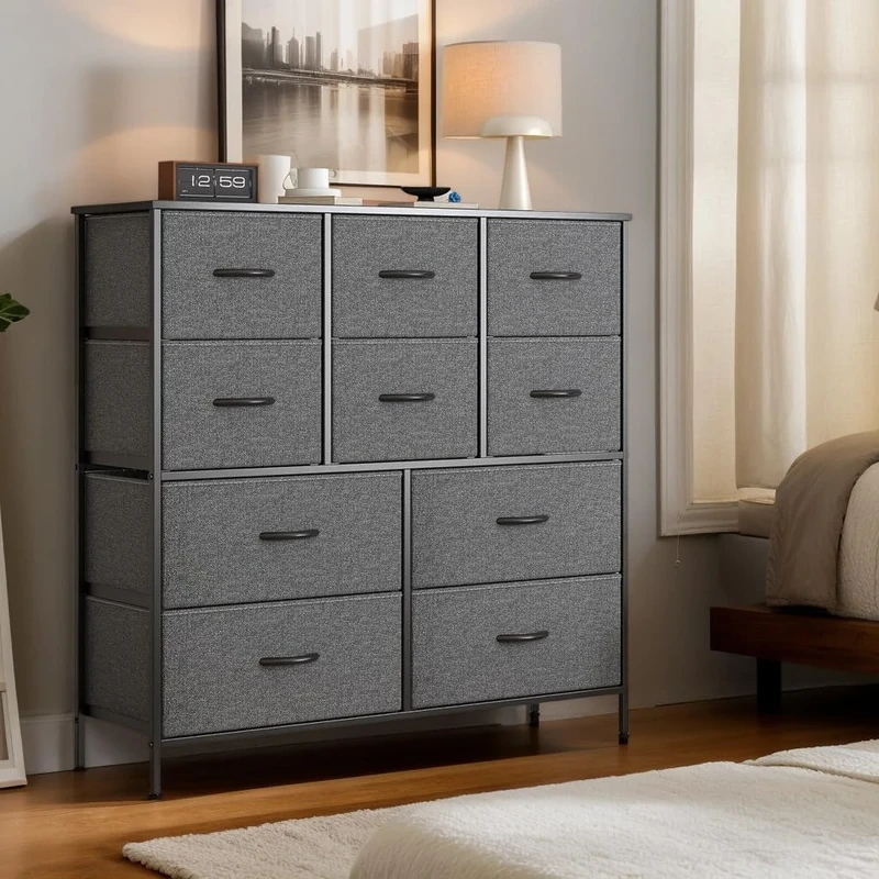 Feonase Chest of Drawers with 10 Drawers,Fabric Dresser Storage Drawers,bedroom drawers,Metal Frame & Wooden Top,for Bedroom,Closet,Living Room (Dark gray, 30D x 100W x 97 H cm (10 draws))
