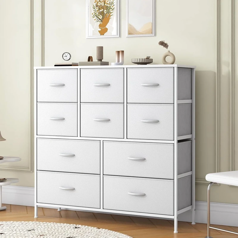 Feonase Chest of Drawers with 10 Drawers,Fabric Dresser Storage Drawers,bedroom drawers,Metal Frame & Wooden Top,for Bedroom,Closet,Living Room (White, 30D x 100W x 97 H cm (10 draws))