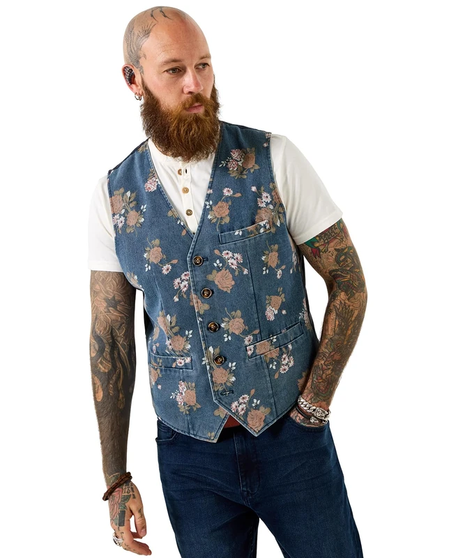 Joe Browns Men's Floral Print Washed Denim Waistcoat, Regular, Blue, UK 38