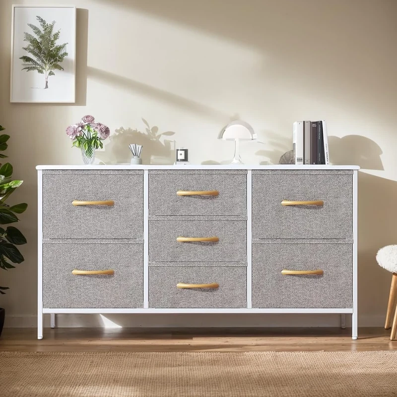 Feonase Chest of Drawers,7 Fabric Drawers with Handles,bedroom drawers,Metal Frame and Wooden Top,for Bedroom,Closet, Hallway,Living Room (Light Gray, 30D x 100W x 54 H cm (7 draws))