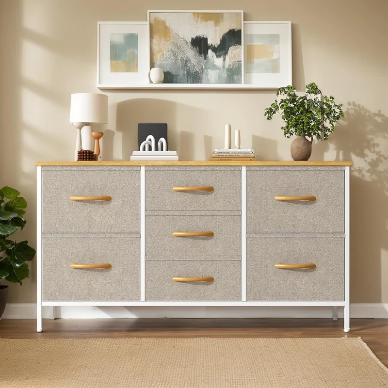 Feonase Chest of Drawers,7 Fabric Drawers with Handles,bedroom drawers,Metal Frame and Wooden Top,for Bedroom,Closet, Hallway,Living Room (Beige, 30D x 100W x 54 H cm (7 draws))