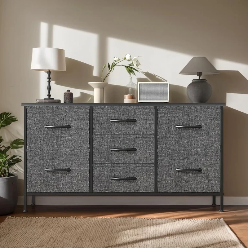 Feonase Chest of Drawers,7 Fabric Drawers with Handles,bedroom drawers,Metal Frame and Wooden Top,for Bedroom,Closet, Hallway,Living Room (Dark gray, 30D x 100W x 54 H cm (7 draws))
