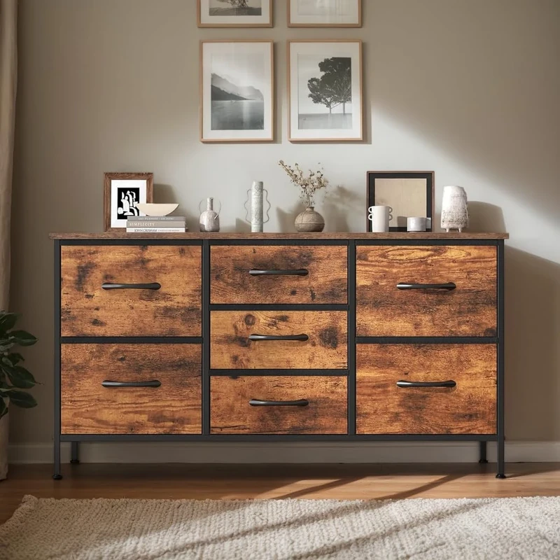 Feonase Chest of Drawers,Fabric Dresser Storage Drawers,Bedroom Drawers,Metal Frame & Wooden Top,Modern Style,for Bedroom,Closet,Hallway,Living Room (Rustic Brown, 30D x 100W x 54 H cm (7 draws))
