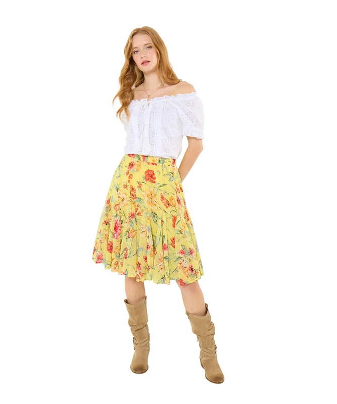 Joe Browns Women's Floral Flared Elastic Waist Skirt, Regular, Yellow, UK 8