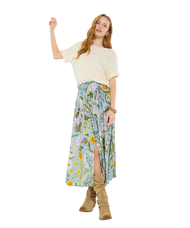 Joe Browns Women's Floral Print Shirred Waistband Midi Skirt, Regular, Blue, UK 16