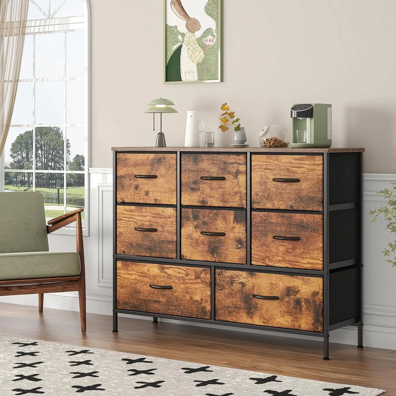 Feonase Chest of Drawers, 8 Fabric Drawers Storage Unit,bedroom drawers,Metal Frame & Wooden Top,for Bedroom,Closet,Hallway,Living Room(Rustic Brown, 30D x 100W x 76 H cm (8 draws))