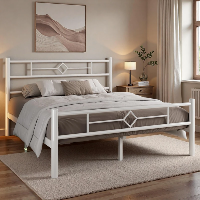Feonase king size Bed Frame 5ft with Headboard & Footboard, kingsize Metal Bed Frame with Heavy Duty Metal Slat Support, Ample Under-bed Storage, Easy Assembly,White