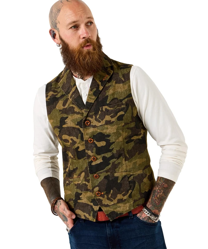 Joe Browns Men's Washed Camo Fabric Waistcoat, Regular, Green, UK 48
