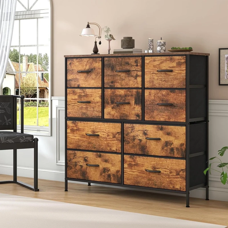 Feonase Chest of Drawers with 10 Drawers,Fabric Dresser Storage Drawers,bedroom drawers,Metal Frame & Wooden Top,for Bedroom,Closet,Living Room (Rustic Brown, 30D x 100W x 97 H cm (10 draws))