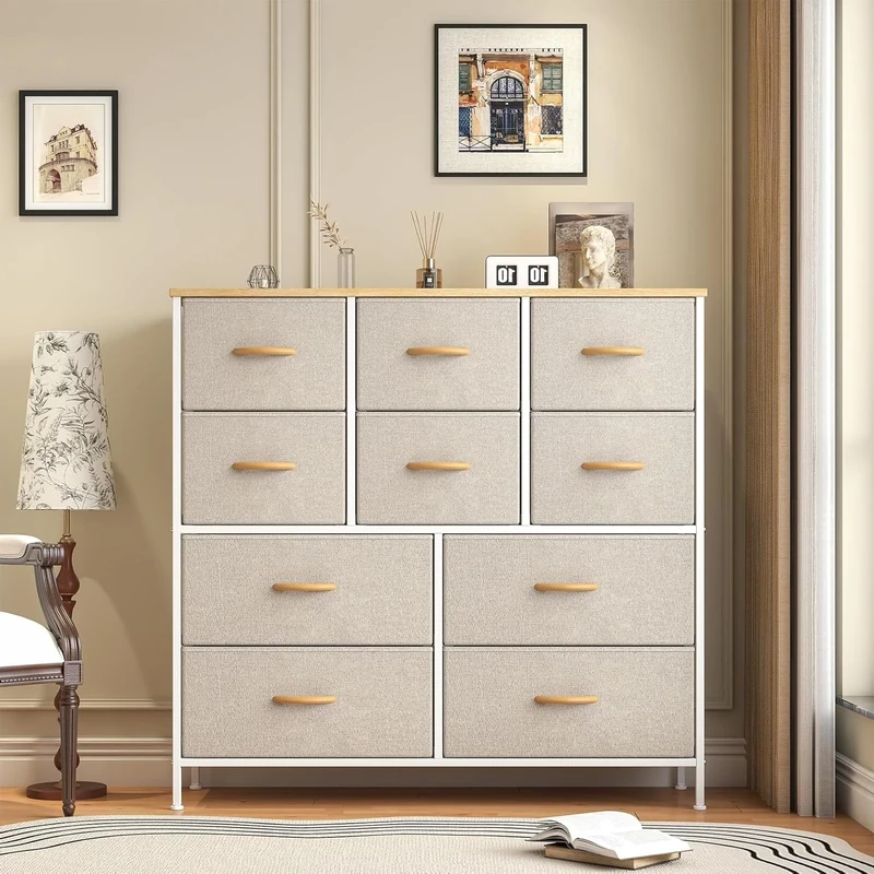 Feonase Chest of Drawers with 10 Drawers,Fabric Dresser Storage Drawers,bedroom drawers,Metal Frame & Wooden Top,for Bedroom,Closet,Living Room (Beige, 30D x 100W x 97 H cm (10 draws))