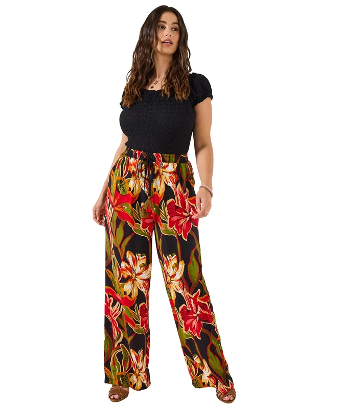 Joe Browns Women's Tropical Floral Print Elasticated Waist Wide Leg Trousers, Regular, Black, UK 12