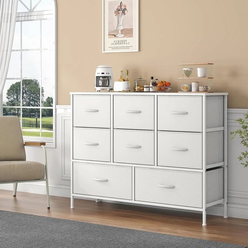 Feonase Chest of Drawers, 8 Fabric Drawers Storage Unit,bedroom drawers,Metal Frame & Wooden Top,for Bedroom,Closet,Hallway,Living Room (White, 30D x 100W x 76 H cm (8 draws))