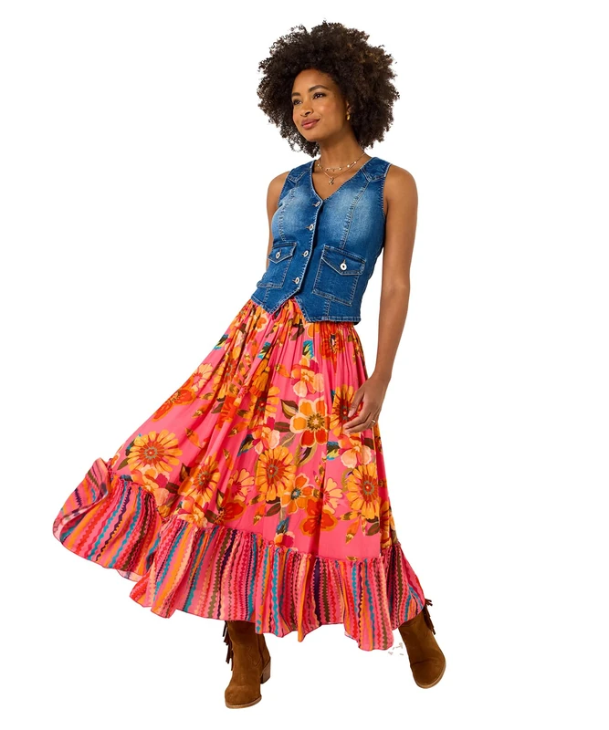 Joe Browns Women's Bold Border Print Flowy Maxi Skirt, Regular, Pink, UK 8