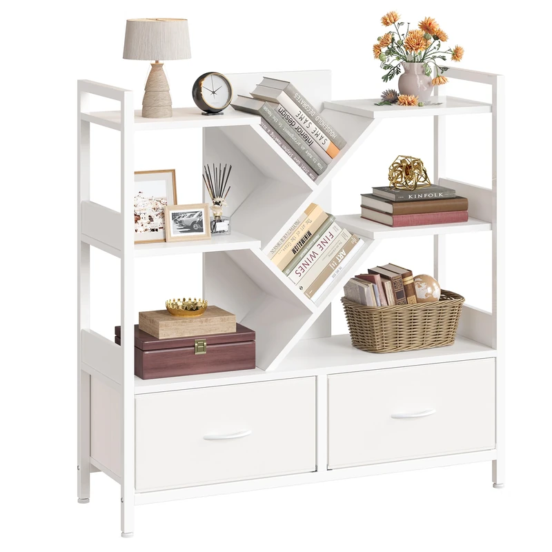 IRONCK 4-Tier Bookcase with 2 Drawers, Floor Standing Bookcase with Locking Caster, 8 Open Wooden Bookshelf Metal Frame Display Storage Cabinet for Bedroom, Living Room, Study, Office, 100x100x32 cm