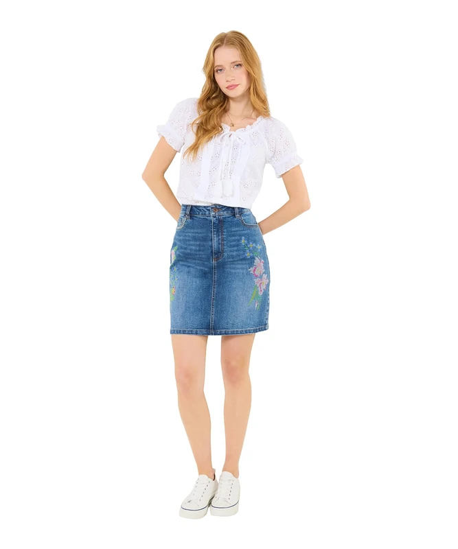 Joe Browns Women's Embroidered Stretch Denim Mini Skirt, Regular, Blue, UK 14