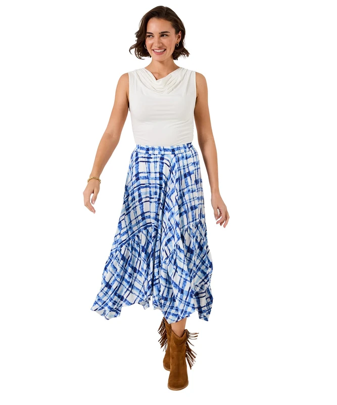 Joe Browns Women's Check Print Hanky Hem Maxi Skirt, Regular, Blue, UK 8