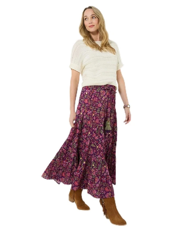 Joe Browns Women's Boho Floral Tassel Tie Tiered Maxi Skirt, Relaxed, Purple, UK 24