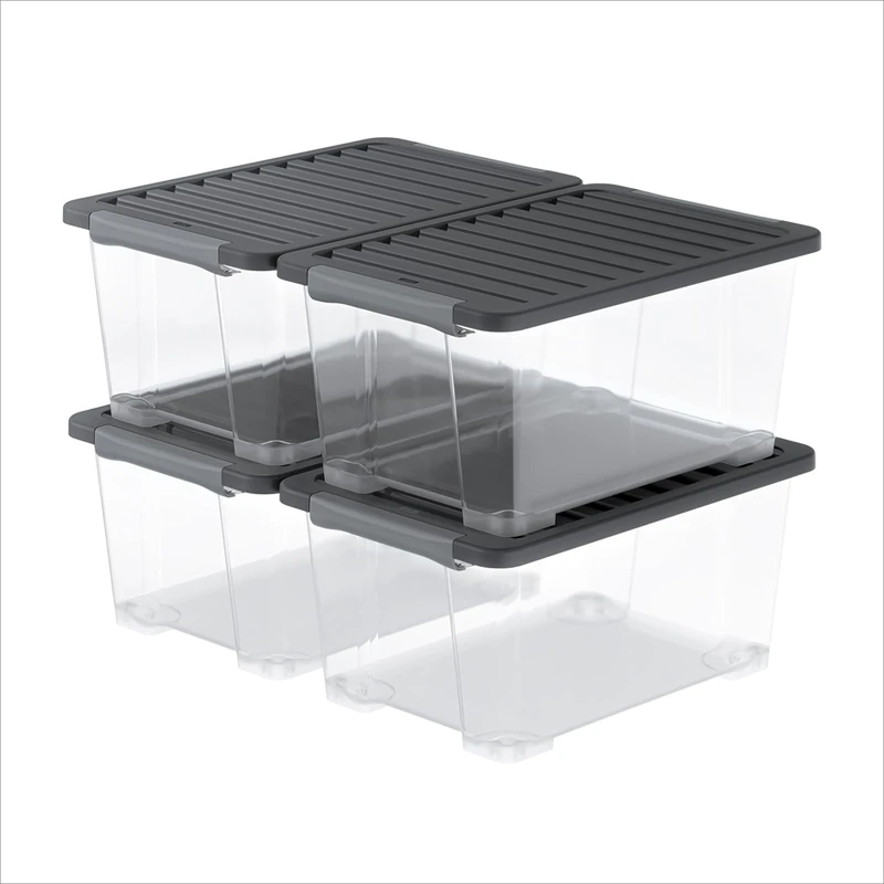 Rotho CORE Plus, storage boxes 44 l, set of 4, sturdy plastic boxes with lid & lockable handles, food-safe, modular stackable, 59×39.5×28 cm (L×W×H), transparent, black