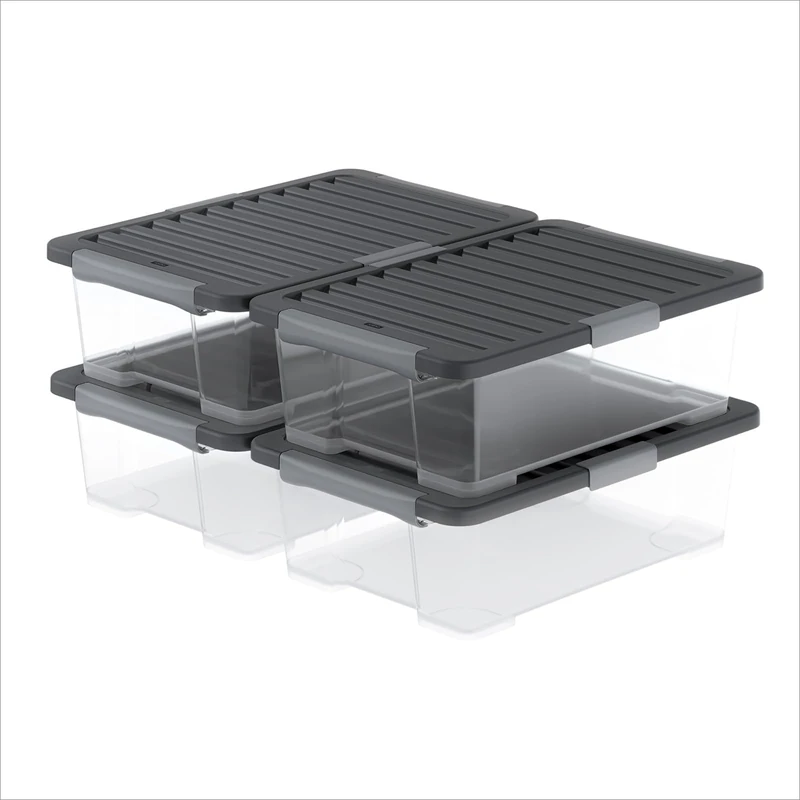 Rotho CORE Pro, storage boxes 30 l, set of 4, integrated seal in the lid protects against dust and moisture, lockable handles, food-safe, modular stackable, 59×39.5×18.5 cm (L×W×H)