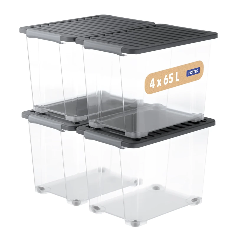 Rotho Core Plus Storage Boxes with Lid, Sturdy Plastic Boxes, Lockable Handles, Food Safe, Transparent/Black (4 x 65 L) - Image 1