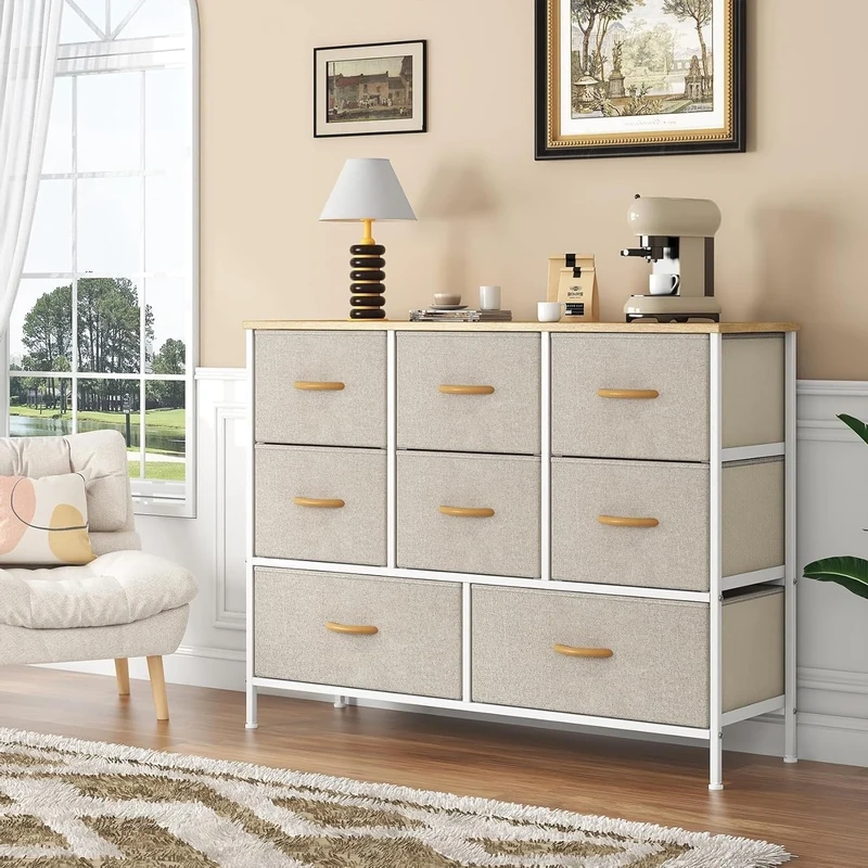 Feonase Chest of Drawers, 8 Fabric Drawers Storage Unit,bedroom drawers,Metal Frame & Wooden Top,for Bedroom,Closet,Hallway,Living Room (Beige, 30D x 100W x 76 H cm (8 draws))