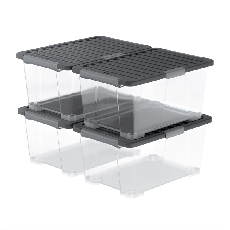Rotho CORE Pro, storage boxes 44 l, set of 4, integrated seal in the lid protects against dust and moisture, lockable handles, food-safe, modular stackable, 59×39.5×28 cm (L×W×H)