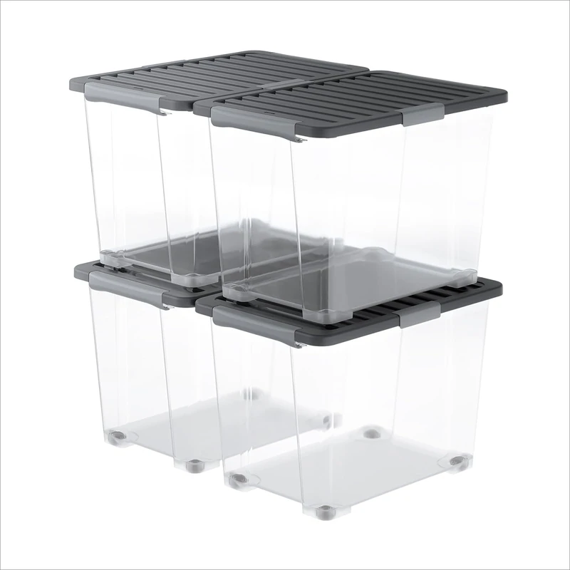 Rotho CORE Pro, storage boxes 65 l, set of 4, seal in the lid protects against dust and moisture, lockable handles, integrated wheels, food-safe, modular stackable, 59×39.5×41.2 cm