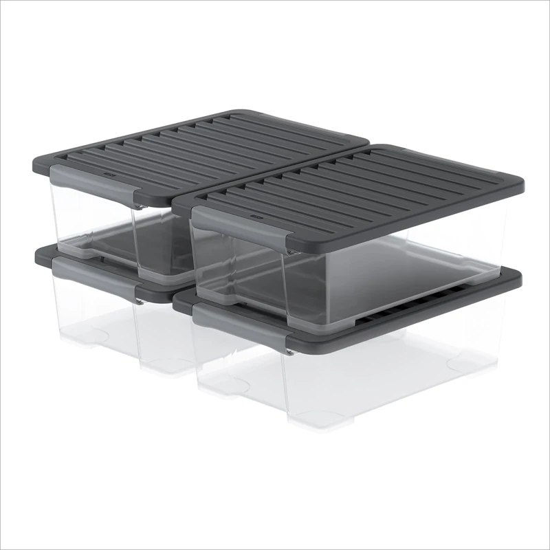Rotho Core Plus Storage Boxes with Lid, Sturdy Plastic Boxes, Lockable Handles, Food Safe, Transparent/Black (4 x 30 L)