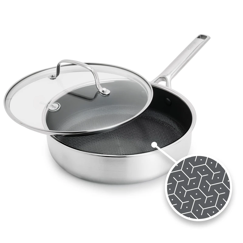 GreenPan Hybrid Non-Stick Stainless Steel Sauté Pan with Glass Lid, 24 cm, APEX Tri-Ply Thermobond, PFAS-Free Ceramic Pan, Induction Safe, Oven Safe up to 220°C, Dishwasher Safe, Silver