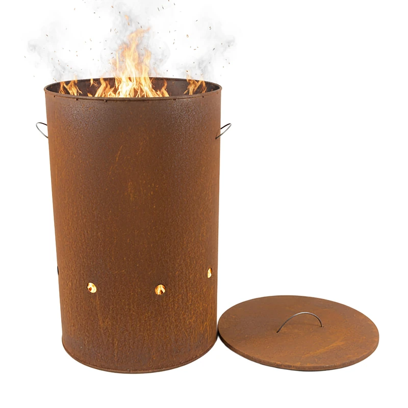 Relaxdays Fire Bowl in Corten Steel, Rust Finish, 60x38.5 cm with Lid, Industrial Garden Décor, Red-Brown