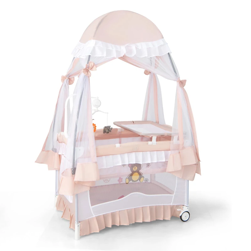 FANTASK 4-in-1 Baby Bed with Mattress, Side Bed with Removable Canopy, Play Arch & Music Box, Baby Travel Cot with Wheels, Children's Travel Cot for Baby 0-36 Months (Pink) - Image 1