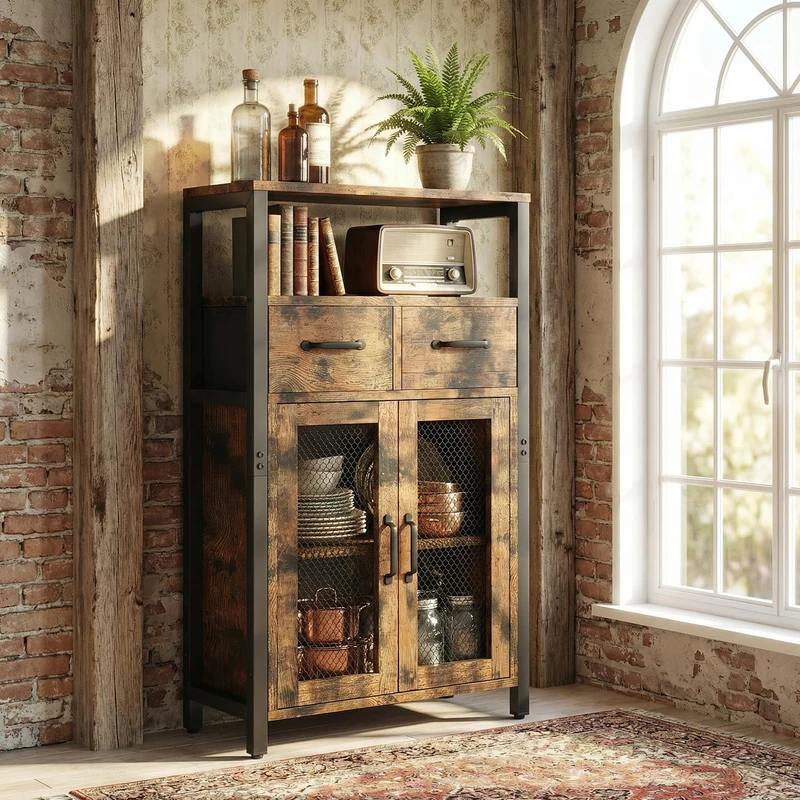 Feonase Rustic Brown Sideboard Storage Cabinet with 2 Fabric Drawers & Adjustable Shelf, Buffet Table with Wire Mesh Doors for Living Room, Kitchen, Bedroom, Bathroom, 60x30x106cm