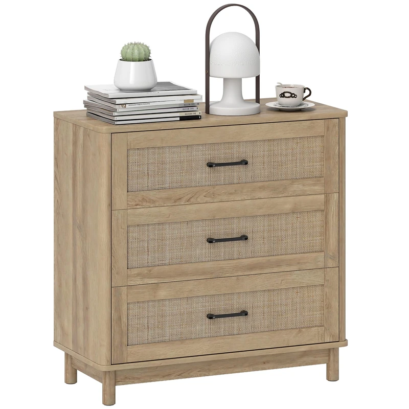 HOMCOM Bohemian Rattan Chest of Drawers, 3 Drawer Dresser with Pine Wood Legs, Wide Storage Unit for Living Room, Hallway, Oak