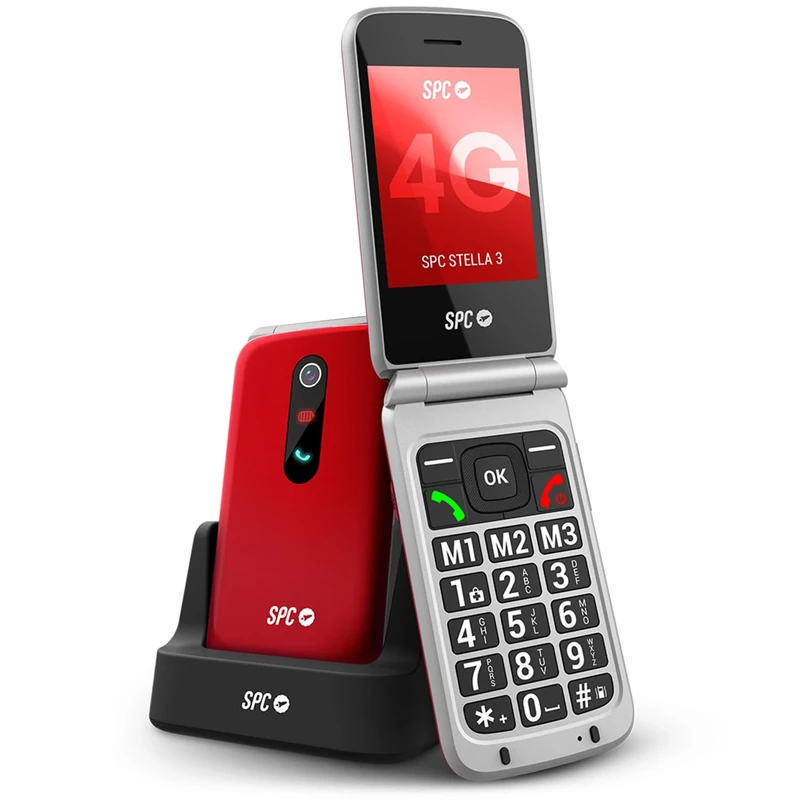 SPC Stella 3 - Flip mobile phone for seniors with 4G | Large menu and keys | SOS button, remote configuration, hearing aid compatible, 103 dB volume | Charging base and 3 one-touch quick dials, red