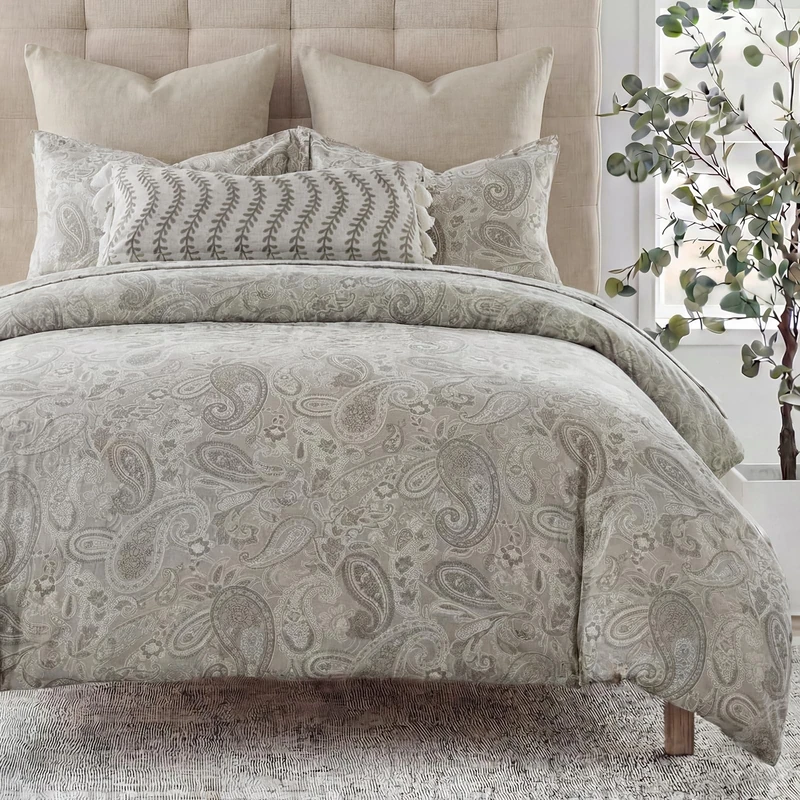 MOVE OVER 100% Cotton Duvet Cover Set King Size, Boho Paisley Bedding Set with Zipper Closure & Corner Ties, Soft Breathable Khaki Paisley Floral Duvet Cover for All Seasons