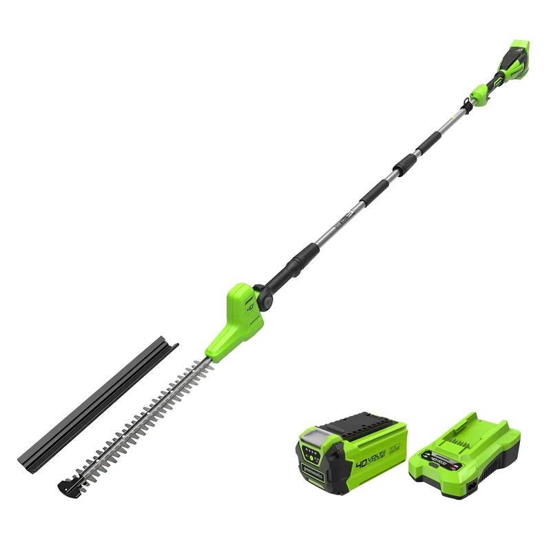 Greenworks 40V Cordless Pole Hedge Trimmer with Split Shaft, 51cm Dual Action Blades, Cuts up to 28mm Thick Branches, 112.5° Head Pivot, 3200SPM, 2Ah Battery & Charger, 3 Year Guarantee PH40B01-01