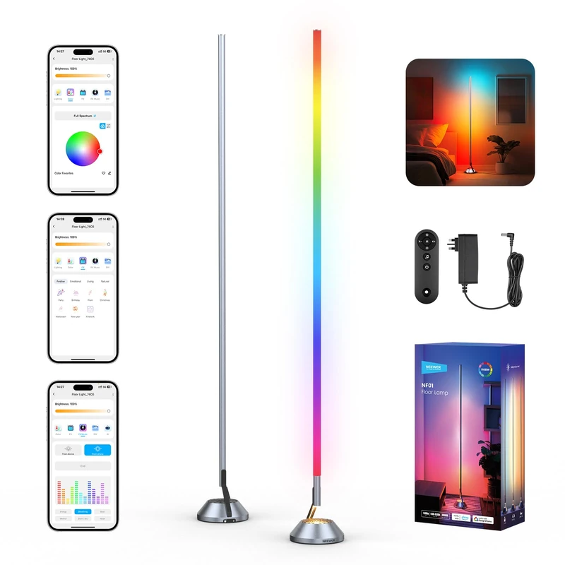 NEEWER Smart LED Floor Lamp NEW VERSION, 1500lm 1800K-6500K RGBW Standing Corner Light, APP/Voice Control/AI Custom/Music Sync/16 Million Colors, Lighting for Bedroom Living Room Home Decor, NF01
